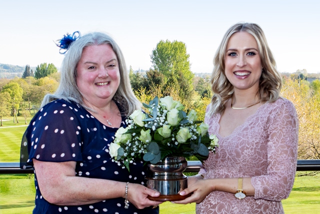 Woman of Rochdale 2022 Sarah Fitchett (left) is presented with the award by the previous winner Carole Kelly (right)