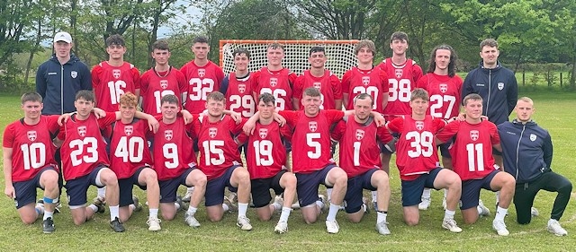 Daniel Madeley (no. 15) with the England U21 lacrosse squad in April 2022