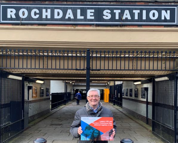 Tony Lloyd shows his support for HS2 outside Rochdale Station
