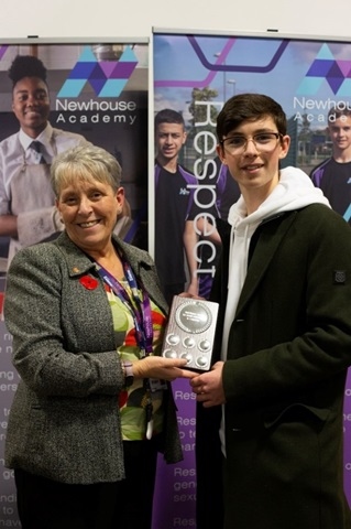 Mrs Forster presents the Paul Bowyer Award for Overall Achievement in Computing to Miguel McNamara