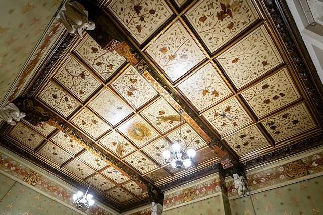 Councillors were told about how the intricate historical detailing in the rooms has been cleaned and restored; pictured is the ceiling in one of the reception rooms