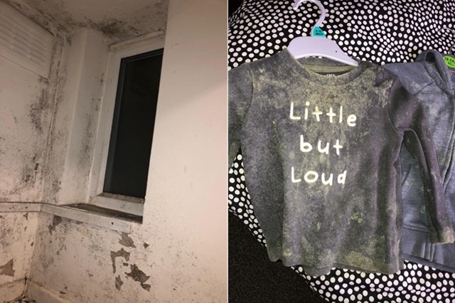 Mould in the house (left), and on clothes (right): Amy Smith claims she has had to throw out her children's clothes due to mould sticking to them in their Riverside housing association property 