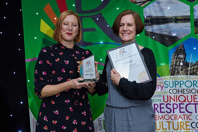 Diversity in public sector partnership working award presented by Julia Heap (Hopwood Hall College principal) to Public Health Team