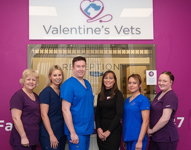 Ian Shoreman and Lindsay Bowden, centre, with colleagues at Valentine's Vets