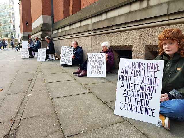The Defend Our Juries demonstration outside Minshull Street Crown Court