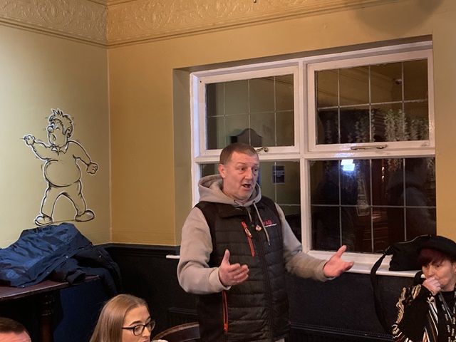 Billy Howarth speaking at the RBH tenant meeting in the White Lion pub in Rochdale