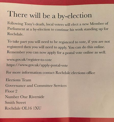 Text about there being a by-election from a Labour leaflet distributed after Tony Lloyd's death
