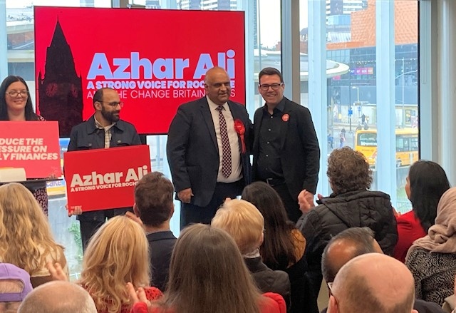Azhar Ali with GM mayor Andy Burnham at the launch of his Rochdale by-election campaign on 7 February