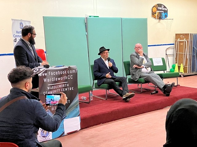 George Galloway (centre), the candidate for the Worker's Party of Britain speaking at the hustings