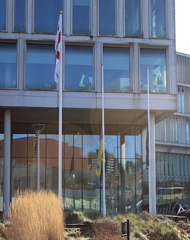 The Ukrainian flag was lowered to half-mast at Number One Riverside