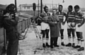 Voate Drui, Orisi Dawai, Joe Levula and Liatia Ravouvou being interviewed by Eddie Waring at Hornets in 1963