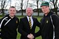 Brandon Diplock (right) with Milnrow Cricket Club Chairman, Colin Williamson, and First XI captain, Max Power