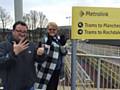 Councillor Andy Kelly and Irene Davidson at Newhey Metrolink Station