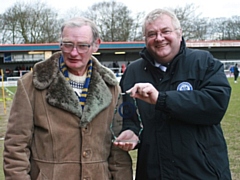David Clough being presented with his superfan trophy by chairman Chris Dunphy in 2008