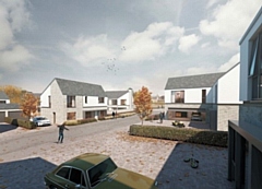 CGI of view to courtyard at proposed redevelopment of Milnrow Soccer Village, Wildhouse Lane, Rochdale - Buttress Architects Ltd for Lancet Homes Ltd