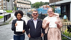 New Pioneers Amanda McLeod and Silvanya Cassandra with their maths certificates in Autumn 2020, alongside their tutor Andy Littlewood - Andy's teacher training was also facilitated by the New Pioneers Programme