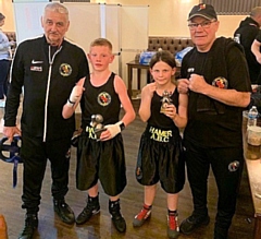 Connor and Scarlett both brought home a win for Hamer Boxing Club (with Hamer coaches Alan Bacon (left) and Steven Connellan (right)