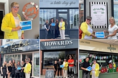 A montage of Councillor Janet Emsley outside six salons with their staff