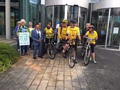 The Norwegian Bike for Peace riders, the mayor Ali Ahmed, consort Sultan Ali, and some members of Rochdale and Littleborough Peace Group