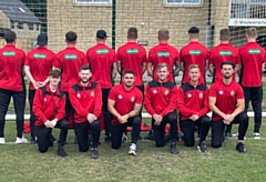 Sacred Heart FC first team wearing new warm up jersey sponsored by Specsavers Rochdale