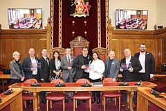 Mayor of Greater Manchester Andy Burnham presents Good Employment Charter plaques to Neil Emmott, Leader of Rochdale Council; Nick Peel, Leader of Bolton Council; and Arooj Shah, Leader of Oldham Council