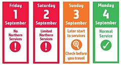 There will be no train services on Friday 1 and Saturday 2 September