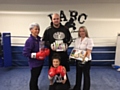 Mark Oldham, Head Coach at Boxing Club, with Jane Fletcher-Mills, Adherent Children's Worker with the Salvation Army and Danielle Warcaba and Adele Greenwood, members of LABC